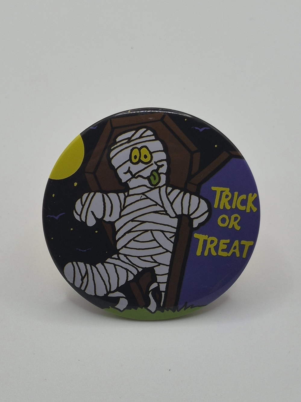 Vintage 1980s Mummy Trick Or Treat Halloween Badge Pinback Button, 2.5ร2.5 in